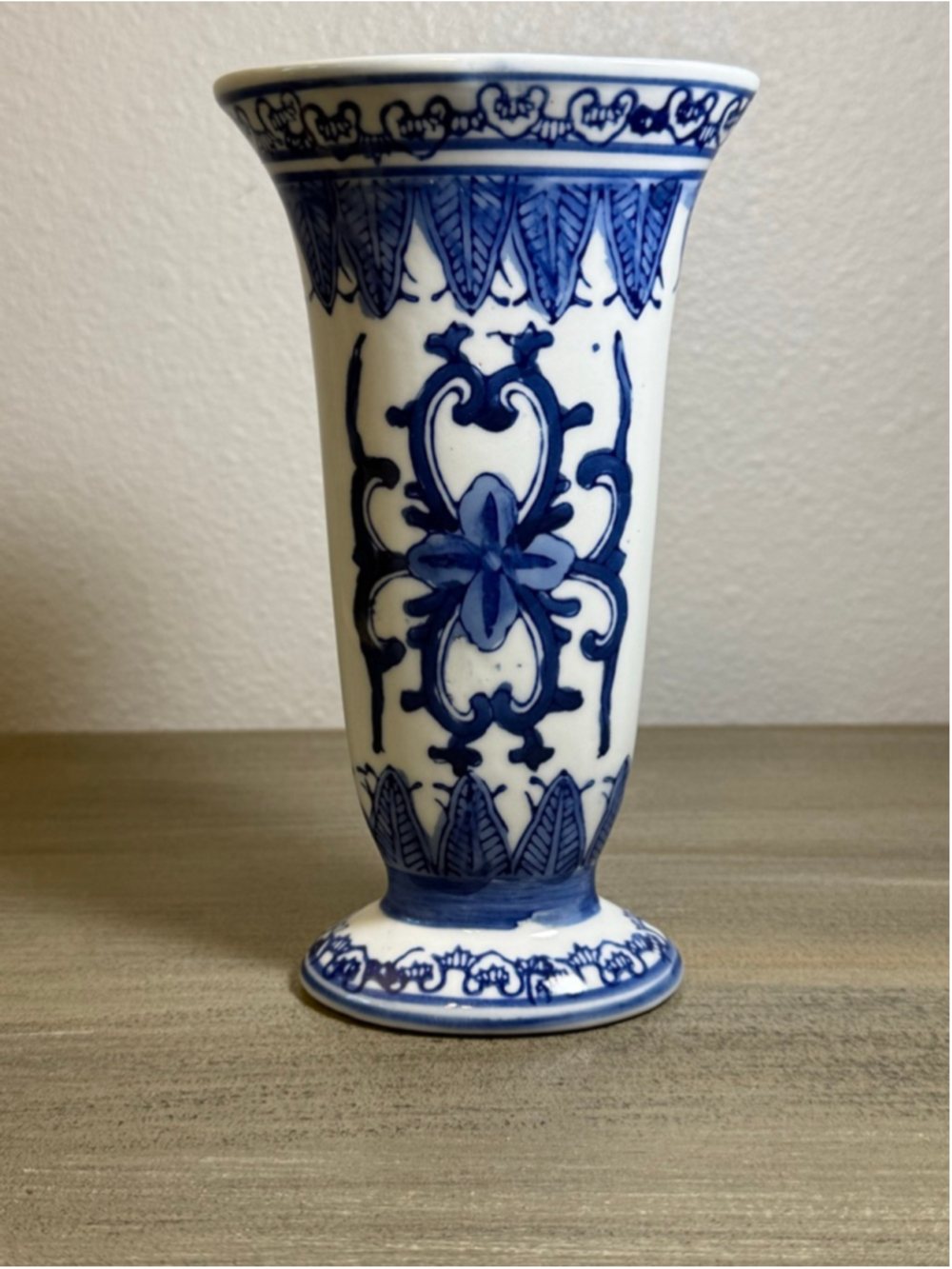 Vintage Japanese Porcelain Vase Decorated in Blue White Floral Trumpet Shape
